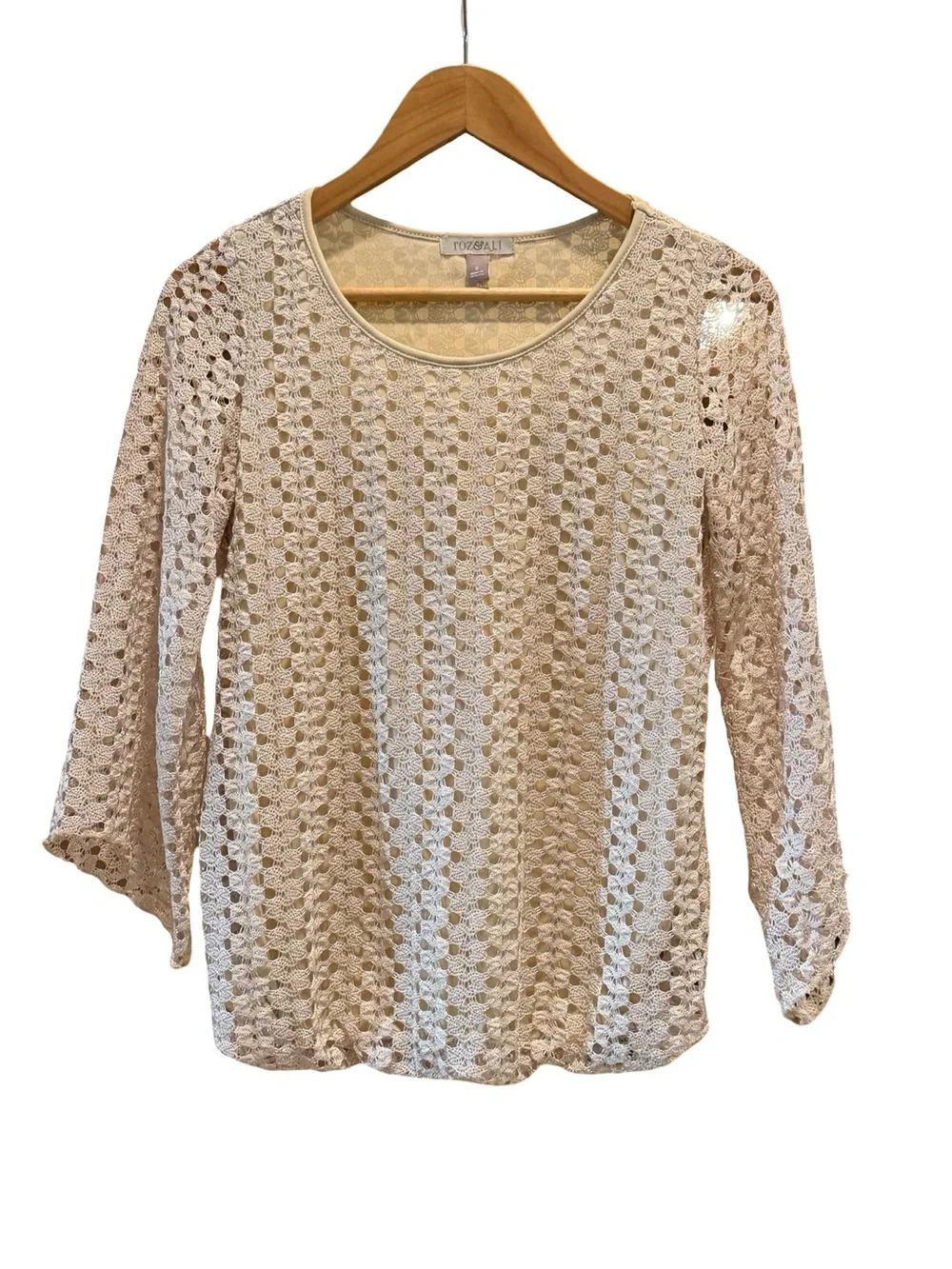 Roz & Ali |  Women's Crochet Openwork with Flare 3/4 Sleeve Top - Cream | S